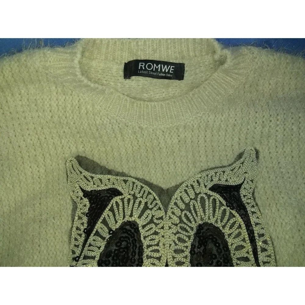 Women's Romwe Sweater Beaded Twinkling Owl Beige Super Soft - Picture 2 of 5